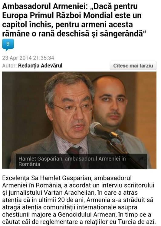 Ziarul ADEVĂRUL, interviu cu E.S. Domnul Hamlet Gasparian, Ambasadorul Armeniei