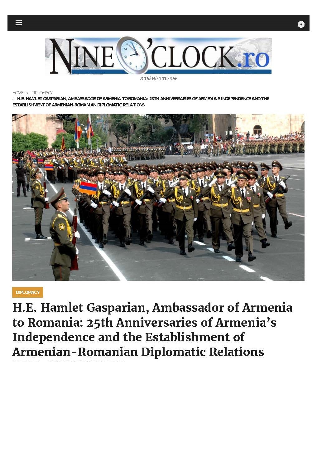 H.E. Hamlet Gasparian, Ambassador of Armenia to Romania: 25th Anniversaries of Armenia’s Independence and the Establishment of Armenian-Romanian Diplomatic Relations