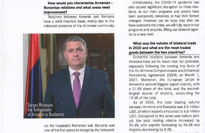 Business Arena ռումինական ամսագրի հոբելյանական 100-րդ համարում հրապարկվել է Ռումինիայում Հայաստանի Հանրապետության դեսպան Սերգեյ Մինասյանի հարցազրույցը